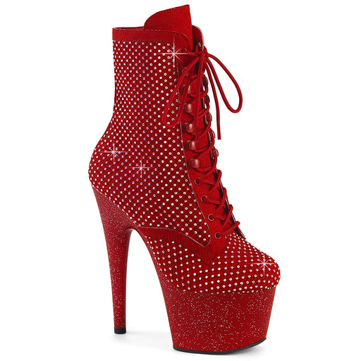 Pleaser ADORE-1020RM Platform Ankle Boot (Red Faux Suede-Rhinestone Mesh/Red Matte)