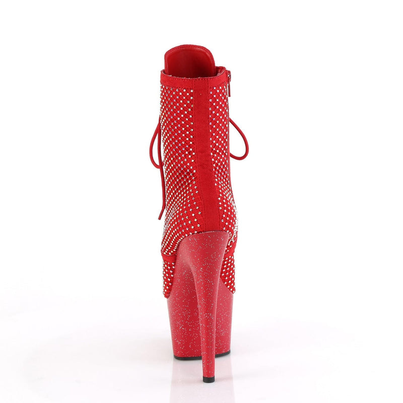 Pleaser ADORE-1020RM Platform Ankle Boot (Red Faux Suede-Rhinestone Mesh/Red Matte)