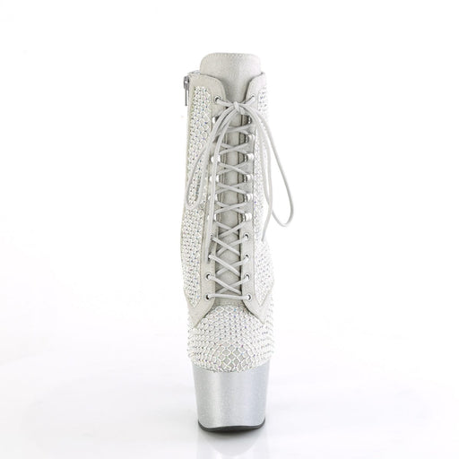 Pleaser ADORE-1020RM Platform Ankle Boot (Silver Faux Sude-Rhinestone Mesh/Silver Matte)