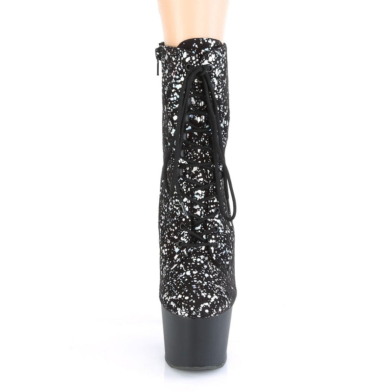 Pleaser ADORE-1020SPLAT Platform Ankle Boot (Black Velvet-Silver Holo/Black Matte)