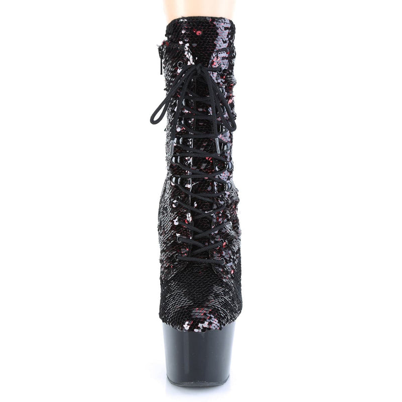 Pleaser ADORE-1020SQ Platform Ankle Boot (Black-Red Flip Sequins/Black)