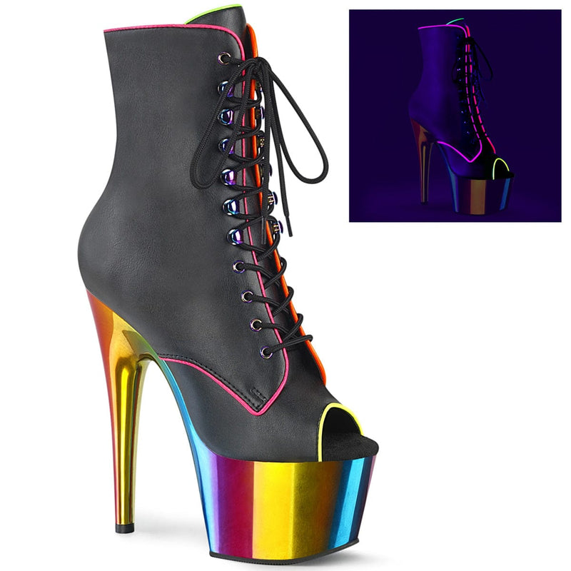 Pleaser ADORE-1021RC-02 Platform Ankle Boot (Black Faux Leather/Rainbow Chrome)