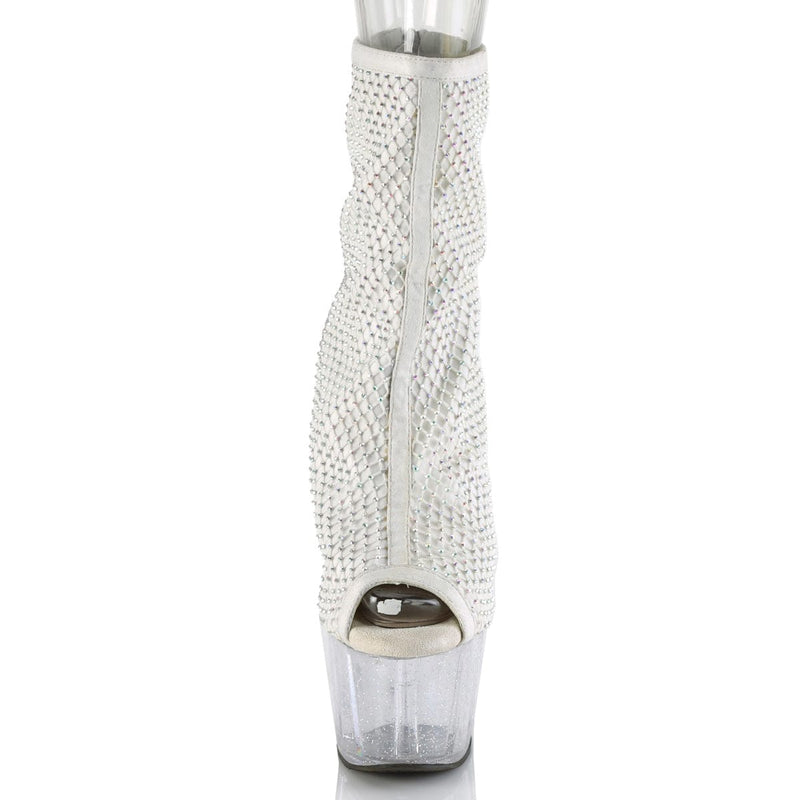 Pleaser ADORE-1031GM Platform Ankle Boot (White Fabric-Rhinestone Mesh/Clear)
