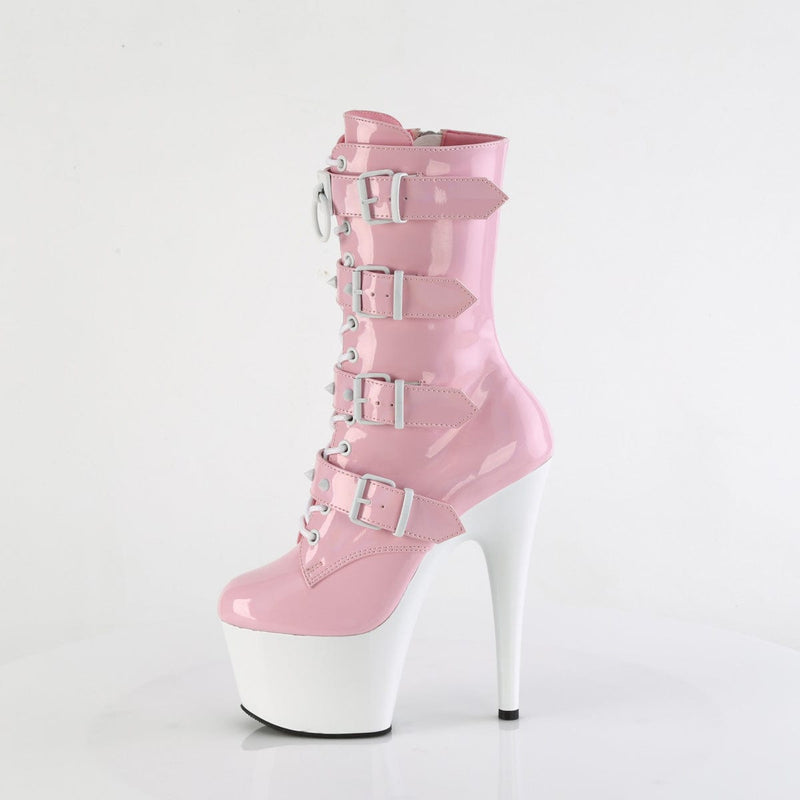 Pleaser ADORE-1046TT Platform Ankle Boot (Baby Pink Holo Patent/White)