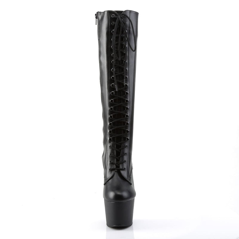 Pleaser ADORE-2023 Platform Knee High Boot (Black Stretch Faux Leather/Black Matte)