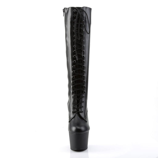 Pleaser ADORE-2023 Platform Knee High Boot (Black Stretch Faux Leather/Black Matte)