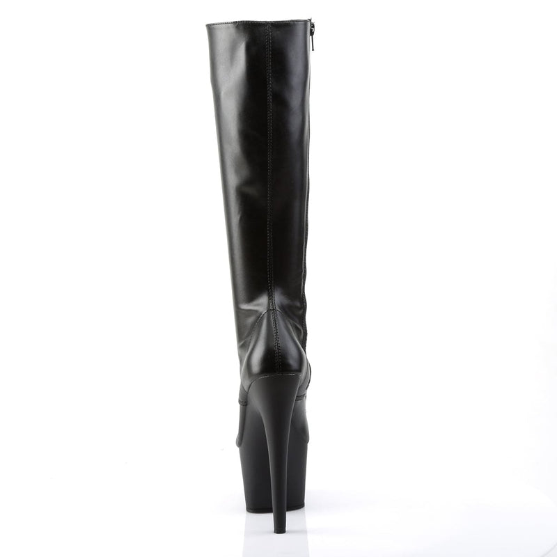Pleaser ADORE-2023 Platform Knee High Boot (Black Stretch Faux Leather/Black Matte)