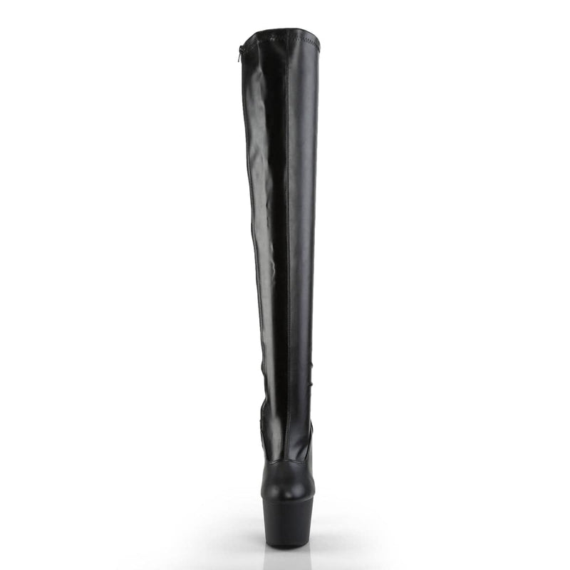 Pleaser ADORE-3000 Platform Thigh High Boot (Black Stretch Faux Leather/Black Matte)