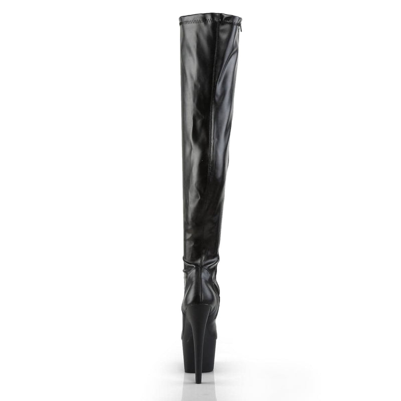 Pleaser ADORE-3000 Platform Thigh High Boot (Black Stretch Faux Leather/Black Matte)