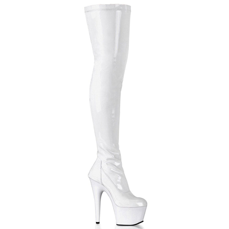 Pleaser ADORE-3000 Platform Thigh High Boot (White Stretch Patent/White)