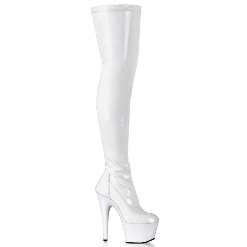 Pleaser ADORE-3000 Platform Thigh High Boot (White Stretch Patent/White)