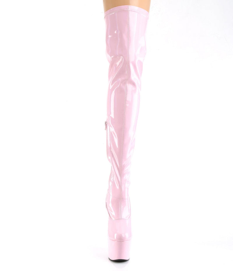 Pleaser ADORE-3000HWR Platform Thigh High Boot (Baby Pink Stretch Holo/Baby Pink Holo)