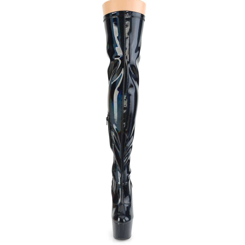 Pleaser ADORE-3000HWR Platform Thigh High Boot (Black Stretch Holo/Black Holo)