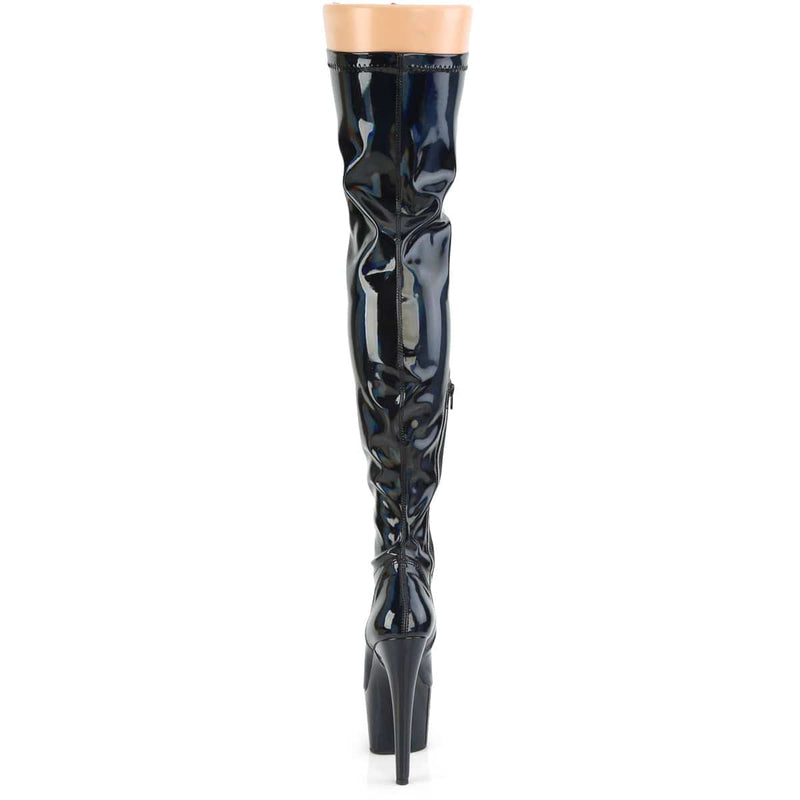 Pleaser ADORE-3000HWR Platform Thigh High Boot (Black Stretch Holo/Black Holo)