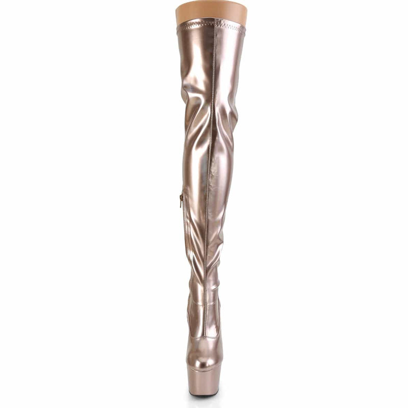 Pleaser ADORE-3000HWR Platform Thigh High Boot (Rose Gold Stretch Holo/Rose Gold Holo)