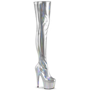 Pleaser ADORE-3000HWR Platform Thigh High Boot (Silver Stretch Holo/Silver Holo)