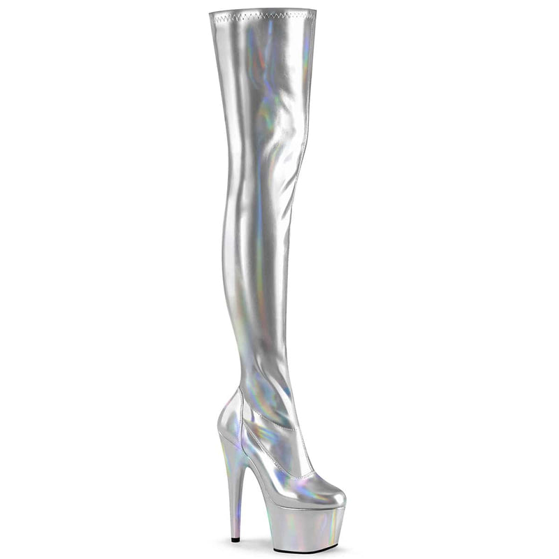 Pleaser ADORE-3000HWR Platform Thigh High Boot (Silver Stretch Holo/Silver Holo)