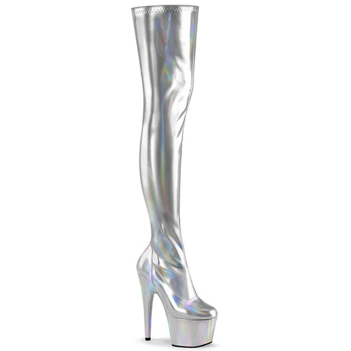 Pleaser ADORE-3000HWR Platform Thigh High Boot (Silver Stretch Holo/Silver Holo)