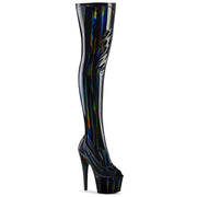 Pleaser ADORE-3011HWR Platform Thigh High Boot (Black Stretch Holo/Black Holo)