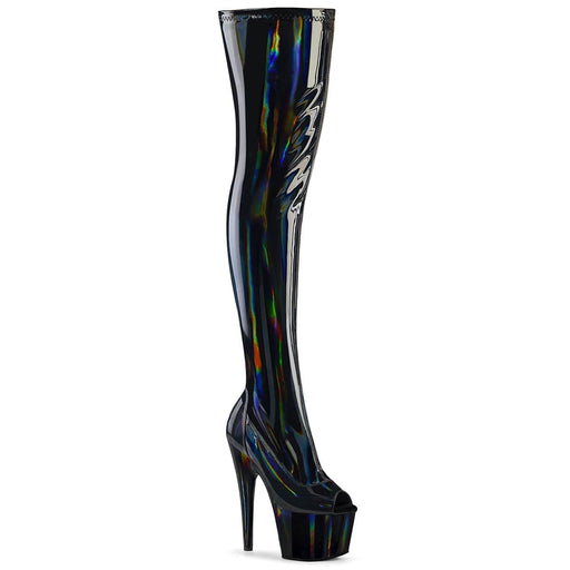 Pleaser ADORE-3011HWR Platform Thigh High Boot (Black Stretch Holo/Black Holo)