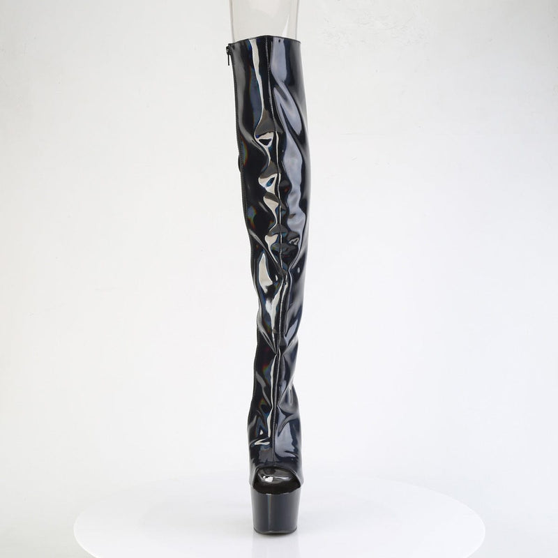 Pleaser ADORE-3019HWR Platform Knee High Boot (Black Stretch Holo/Black Holo)
