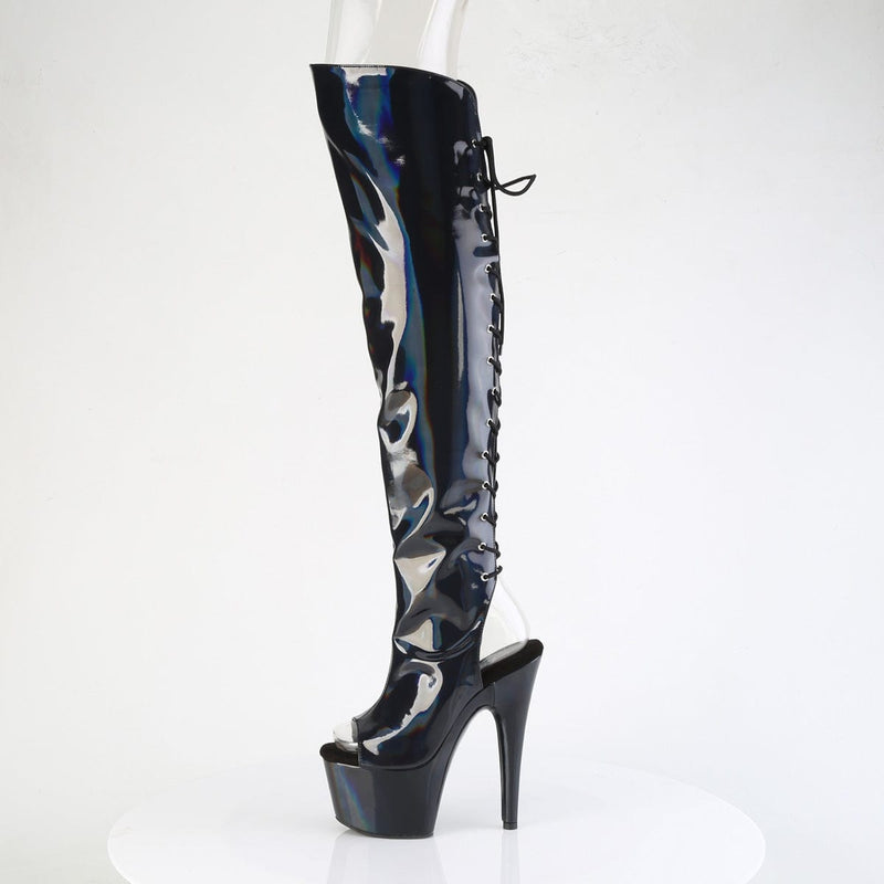 Pleaser ADORE-3019HWR Platform Knee High Boot (Black Stretch Holo/Black Holo)
