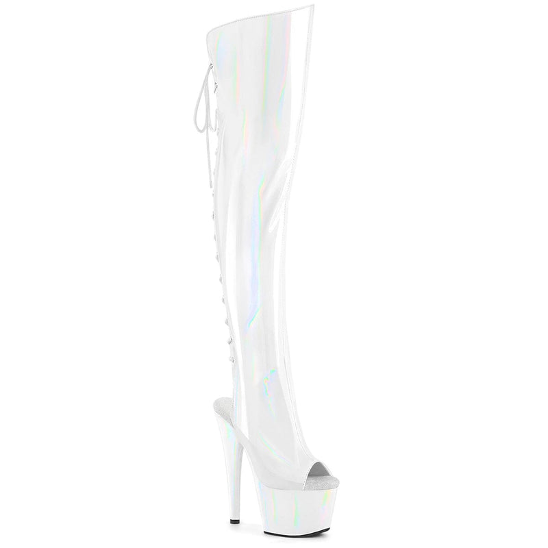 Pleaser ADORE-3019HWR Platform Knee High Boot (White Stretch Holo/White Holo)