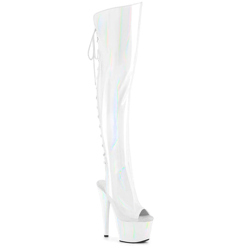 Pleaser ADORE-3019HWR Platform Knee High Boot (White Stretch Holo/White Holo)