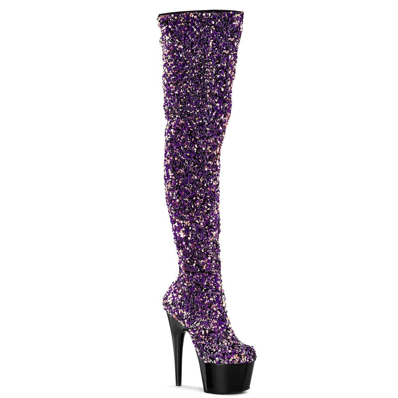 Pleaser ADORE-3020 Platform Thigh High Boot (Purple Multi Sequins/Black)