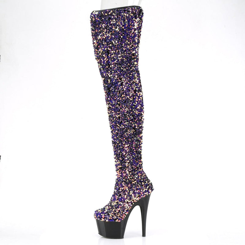 Pleaser ADORE-3020 Platform Thigh High Boot (Purple Multi Sequins/Black)