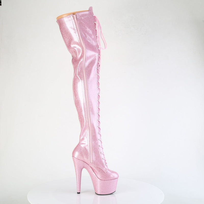 Pleaser ADORE-3020GP Platform Thigh High Boot (Baby Pink Glitter Patent/M)