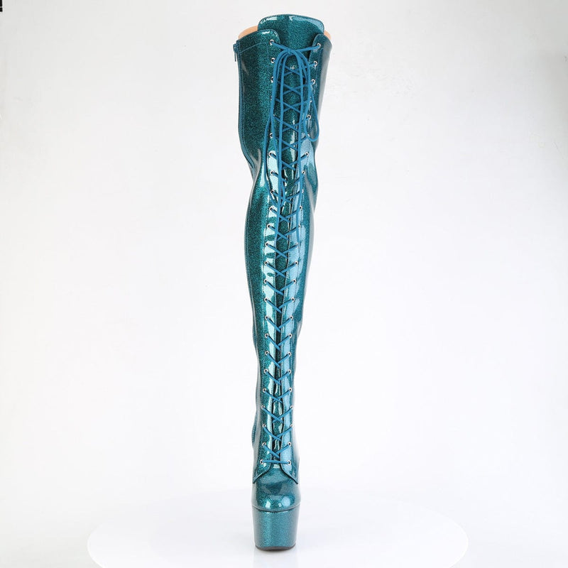 Pleaser ADORE-3020GP Platform Thigh High Boot (Teal Glitter Patent/M)