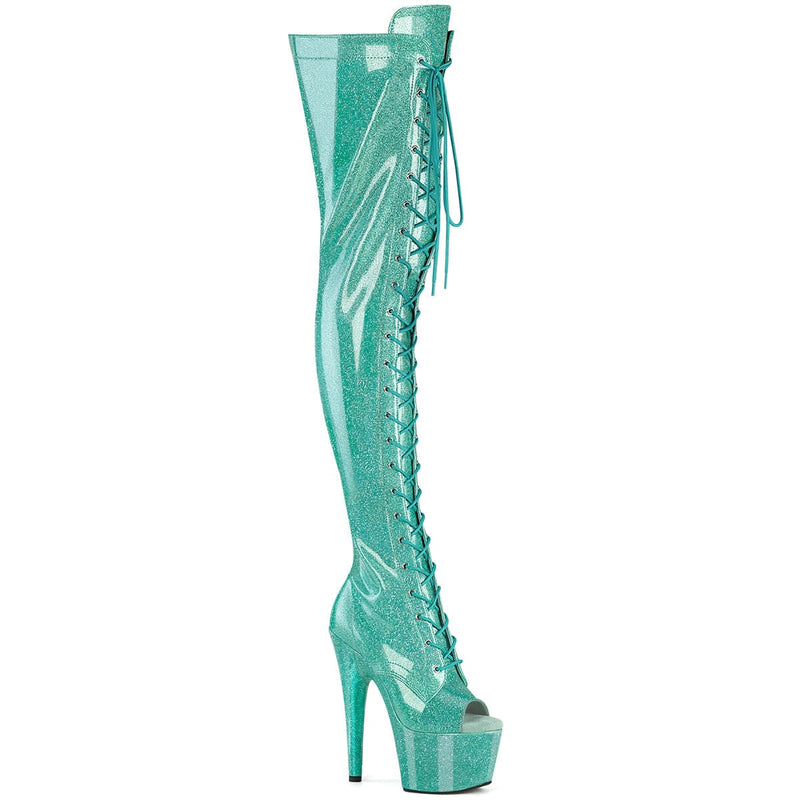 Pleaser ADORE-3021GP Platform Thigh High Boot (Aqua Glitter Patent/M)