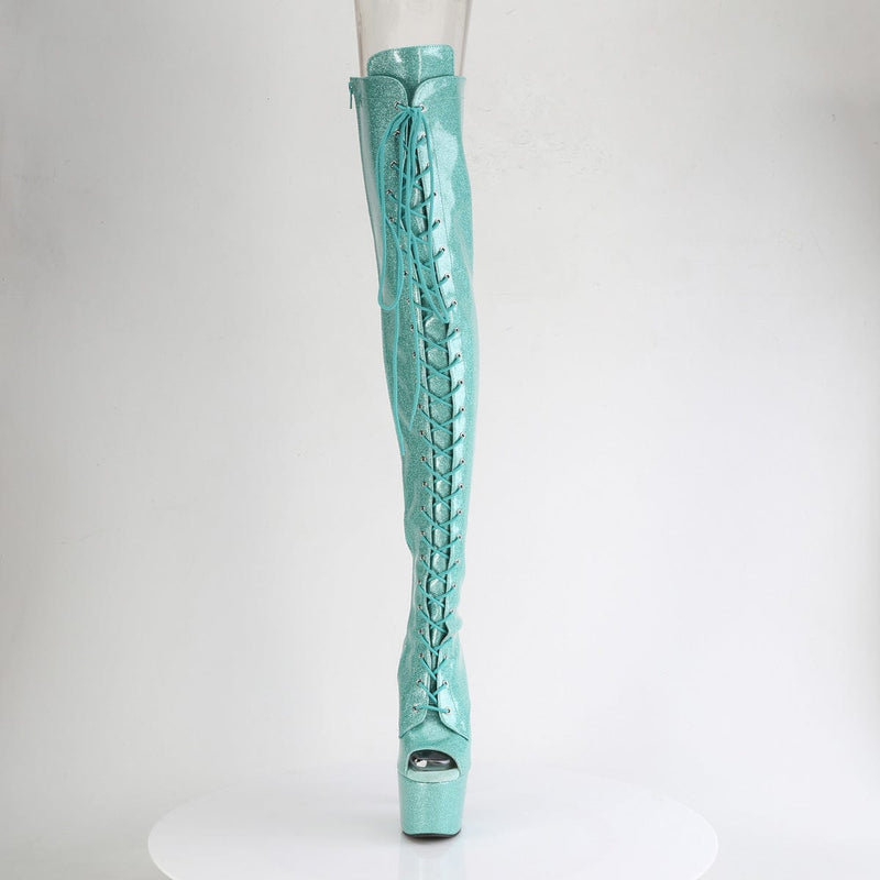 Pleaser ADORE-3021GP Platform Thigh High Boot (Aqua Glitter Patent/M)