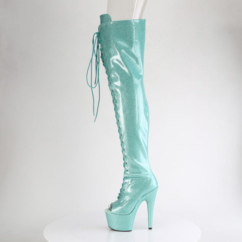 Pleaser ADORE-3021GP Platform Thigh High Boot (Aqua Glitter Patent/M)