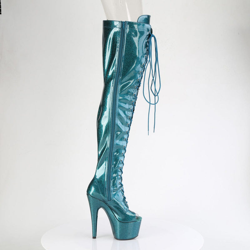 Pleaser ADORE-3021GP Platform Thigh High Boot (Teal  Glitter Patent/M)