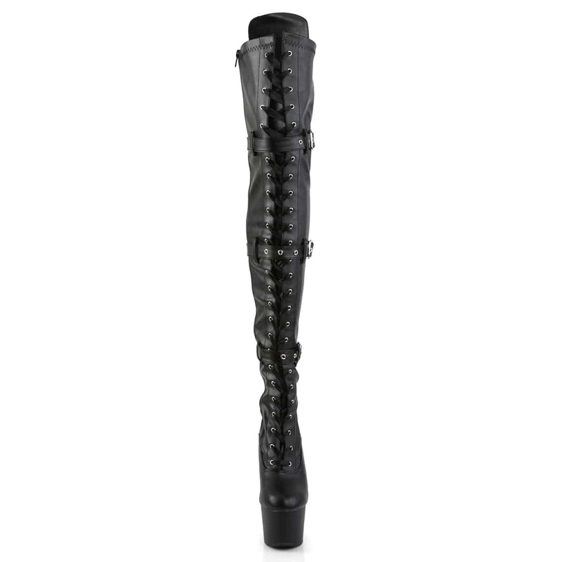Pleaser ADORE-3028 Platform Thigh High Boot (Black Stretch Faux Leather/Black Matte)