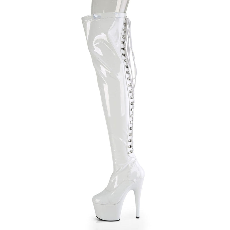 Pleaser ADORE-3063 Platform Thigh High Boot (White Stretch Patent/White)