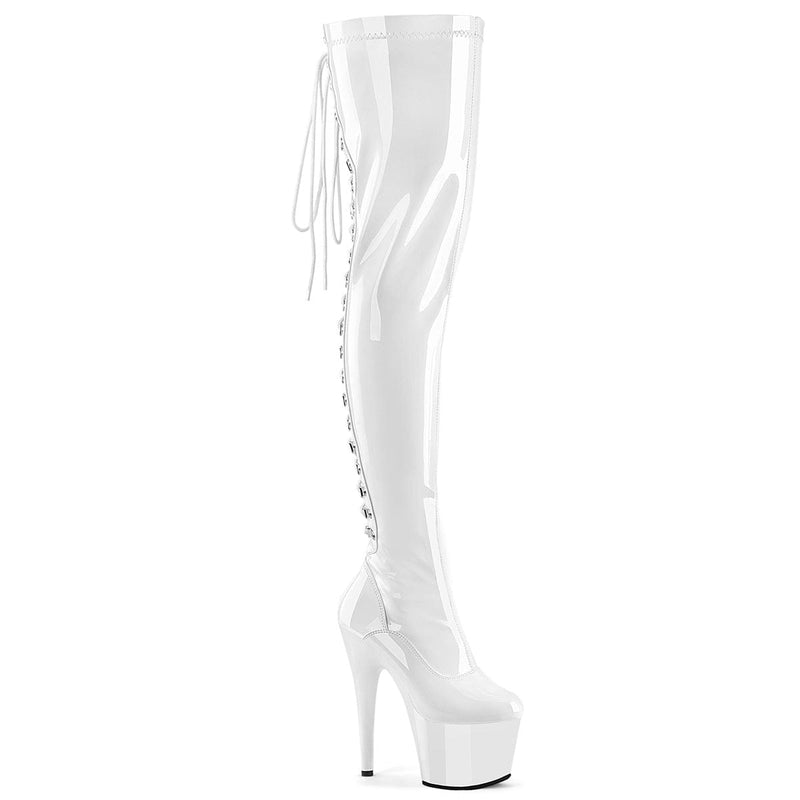 Pleaser ADORE-3063 Platform Thigh High Boot (White Stretch Patent/White)
