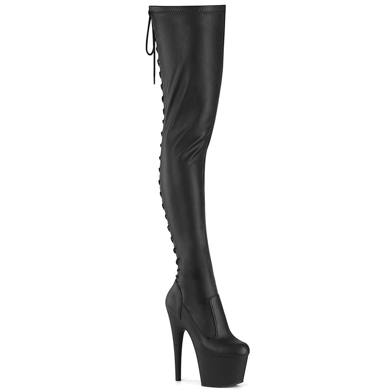 Pleaser ADORE-3850 Platform Thigh High Boot (Black Stretch Faux Leather/Black Matte)