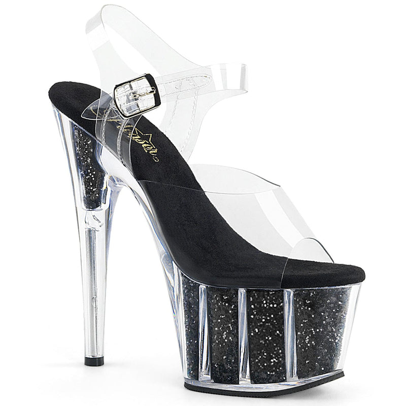 Pleaser ADORE-708G Platform Sandal (Clear/Black Glitter Inserts)