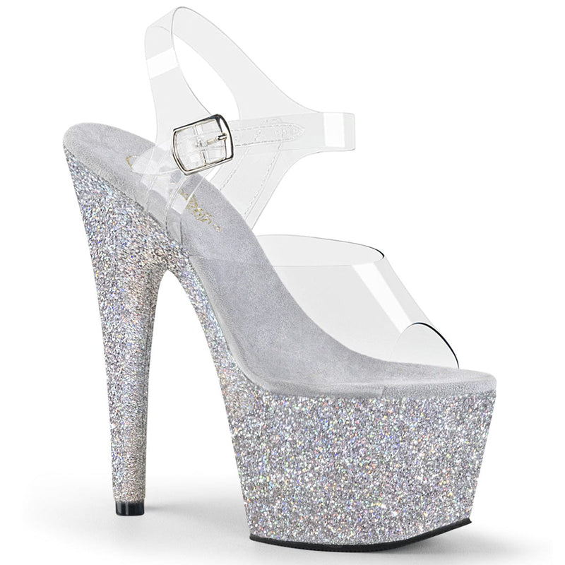 Pleaser ADORE-708HMG Platform Sandal (Clear/Silver Multi Glitter)