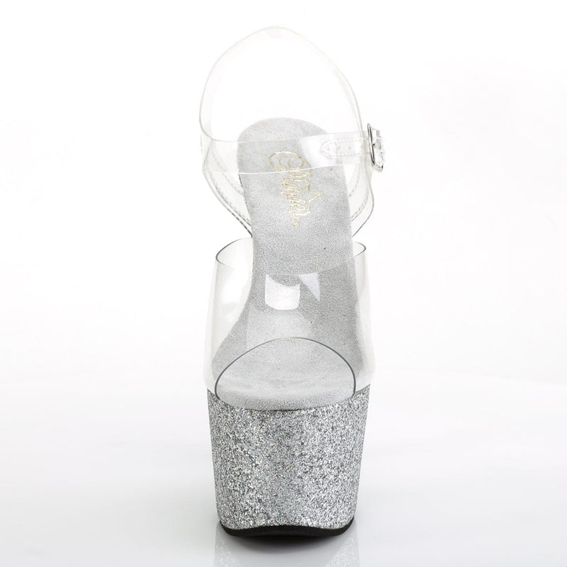 Pleaser ADORE-708HMG Platform Sandal (Clear/Silver Multi Glitter)