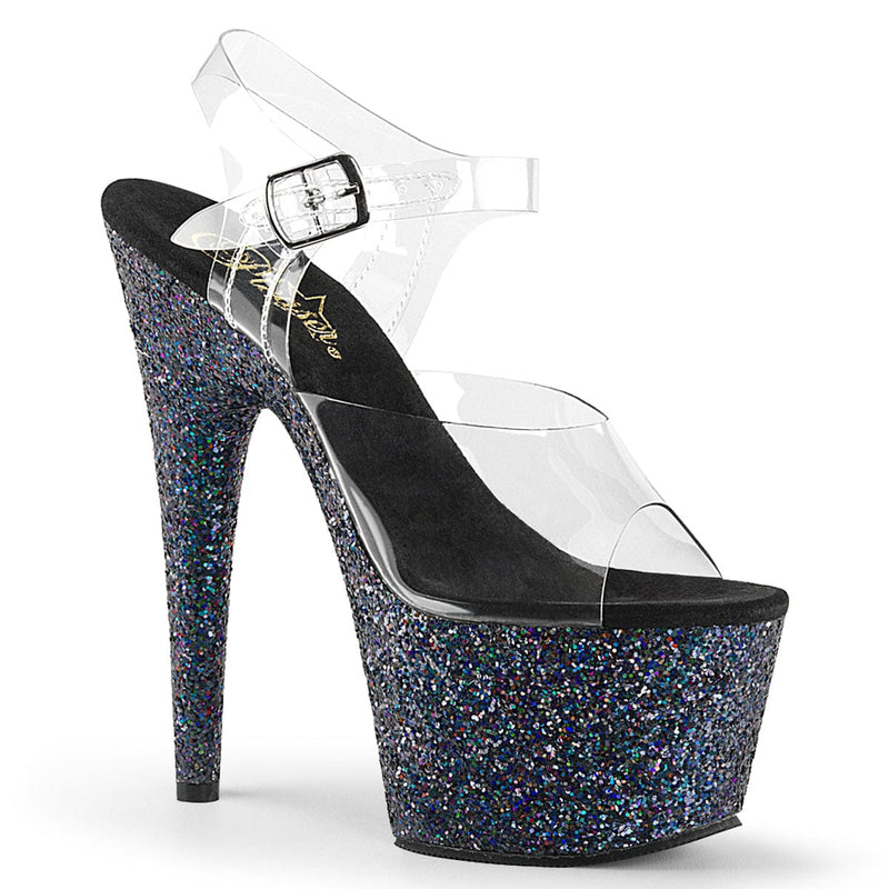 Pleaser ADORE-708LG Platform Sandal (Clear/Black Multi Glitter)