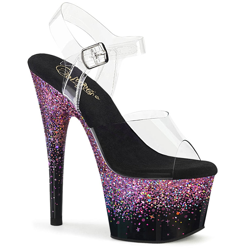 Pleaser ADORE-708SS Platform Sandal (Clear/Black-Purple Multi Glitter)