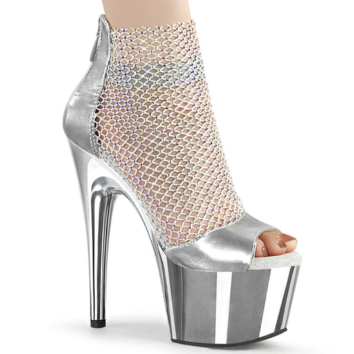 Pleaser ADORE-765RM Platform Sandal (Silver Metallic Pu-Rhinestone Mesh/Silver Chrome)