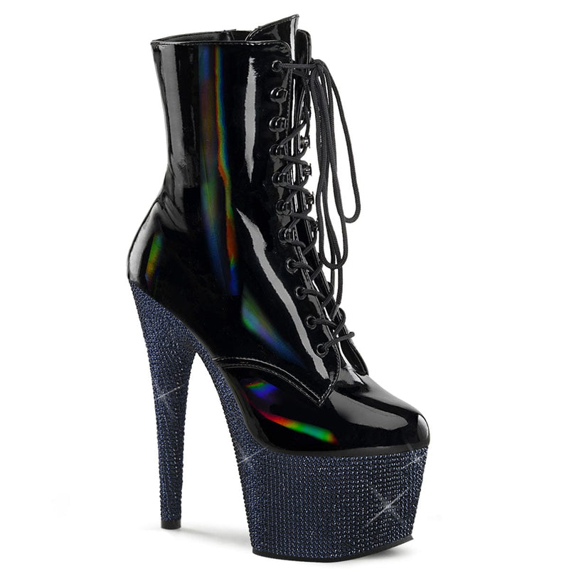 Pleaser BEJEWELED-1020-7 Platform Ankle Boot (Black Holo Patent/Midnight Black Rhinestone)