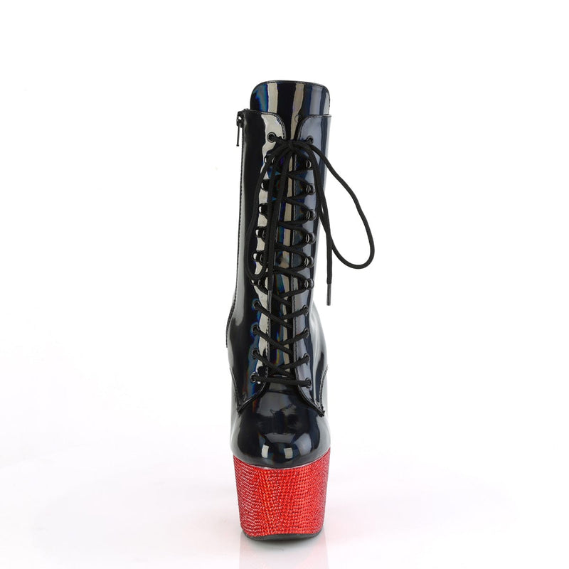 Pleaser BEJEWELED-1020-7 Platform Ankle Boot (Black Holo Patent/Red Rhinestone)