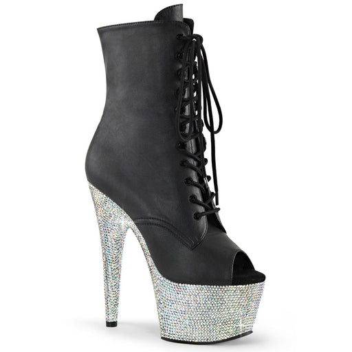 Pleaser BEJEWELED-1021-7 Platform Ankle Boot (Black Faux Leather/Silver AB Rhinestone)