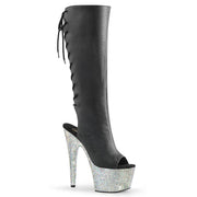 Pleaser BEJEWELED-2018-7 Platform Knee High Boot (Black Faux Leather/Silver AB Rhinestone)